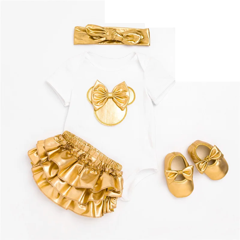 

Baby Girl Clothes Golden Bowknot 4PCS Clothing Set Minnie Infant Newborn Rompers Short Pants Headband Shoes Outfit Bebe Clothes