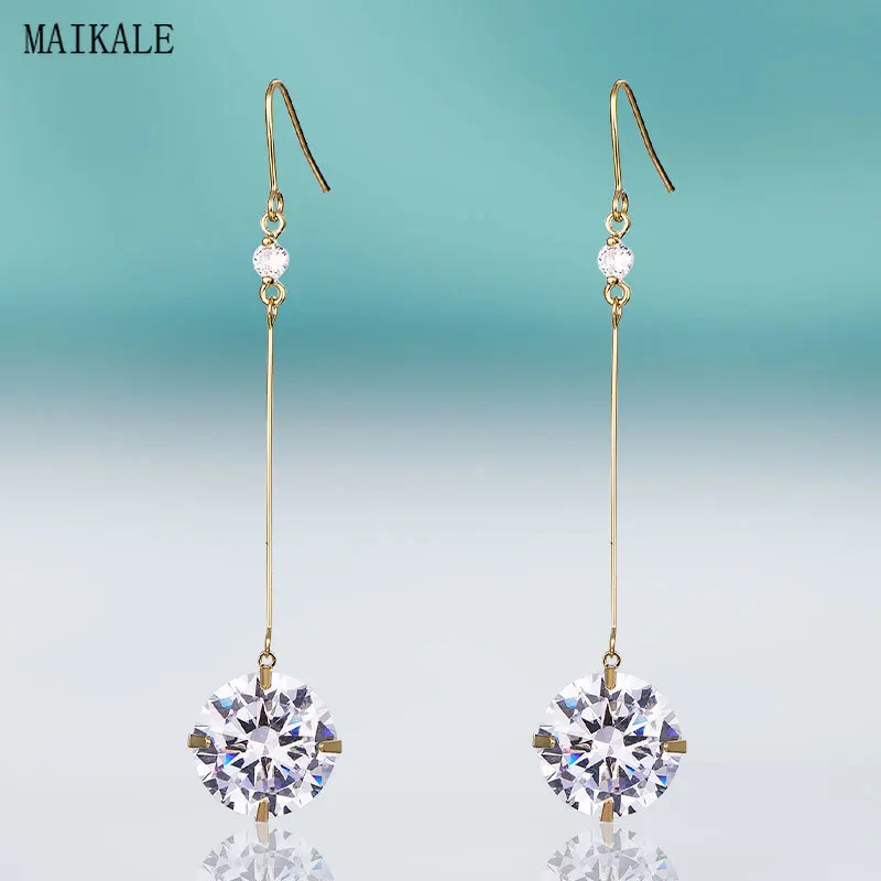 

MAIKALE Simple 12MM Zirconia Bead Long Earrings Gold Silver Color Hook Hanging Drop Earrings for Women Accessories Party Jewelry