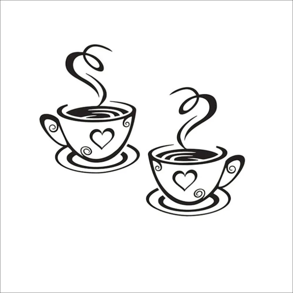 

New Design Decals Pair Of Coffee Cups Wall Stickers Heart Shape Vinyl Wall Decal For Dining Room Removable Decoration Cafe