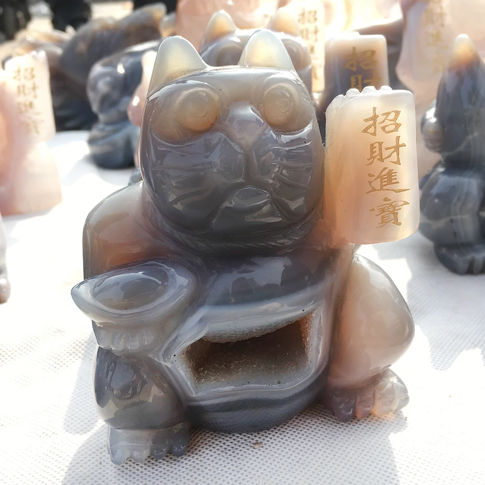 

DS Natural Agate Geode Fortune Cat Hand Carved Quartz Crystal Lucky Cat Figurine Healing Crystal Stone Skull Home Decoration