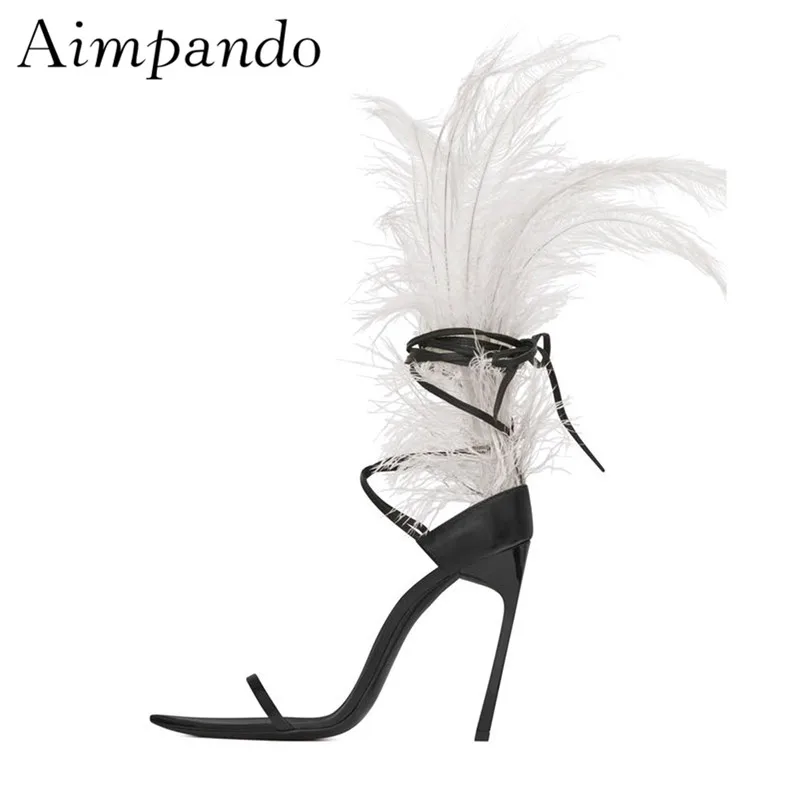 

Sexy Feather Gladiator Sandals Women Stiletto Heel One-strap Anke Wrap Pointed Toes Summer Shoes 2019 Catwalk Sandalias