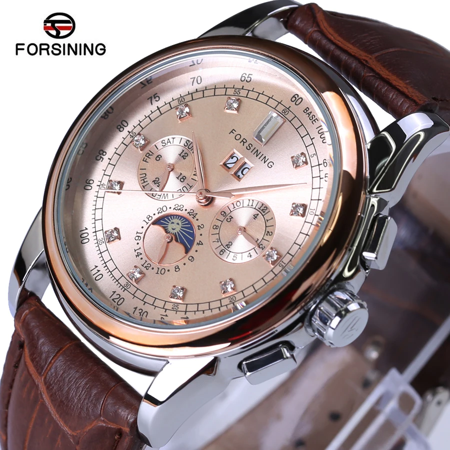 

Automatic Watch FORSINING Top Luxury Brand Watch Rose gold Genuine Leather Straps Sport Mechanical Clock Waterproof Men Watches
