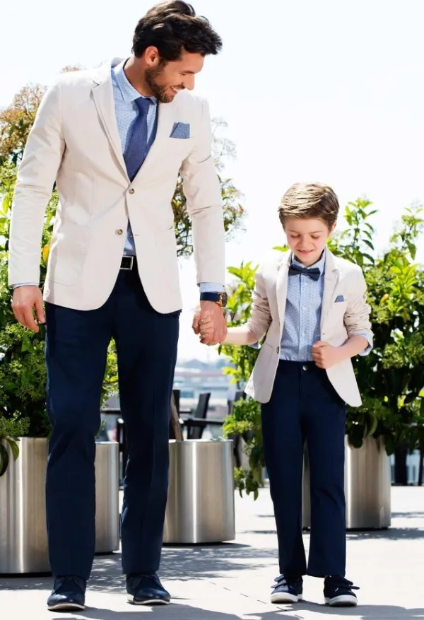 Бежевый Блейзер повседневное отец и сын костюмы Мода весна осень уличные Smart бизнес костюм для вечеринок для мужчин темно синие брюки для девоче