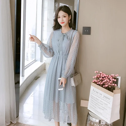 

Spring New Teenage Style French Vintage Dress Lace Lace Sweet Kawaii Dresses Long Sleeve Super Fairy Women's Clothing