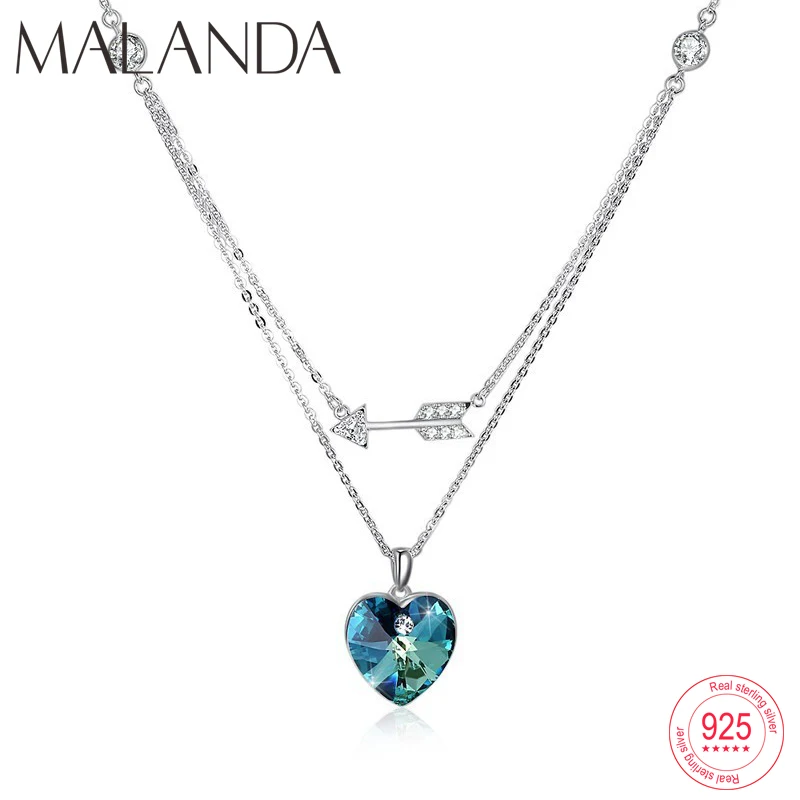 

Malanda Heart Arrow Crystal From Swarovski Necklaces Pendants For Women Sterling Silver Double Chain Necklace Wedding Jewelry