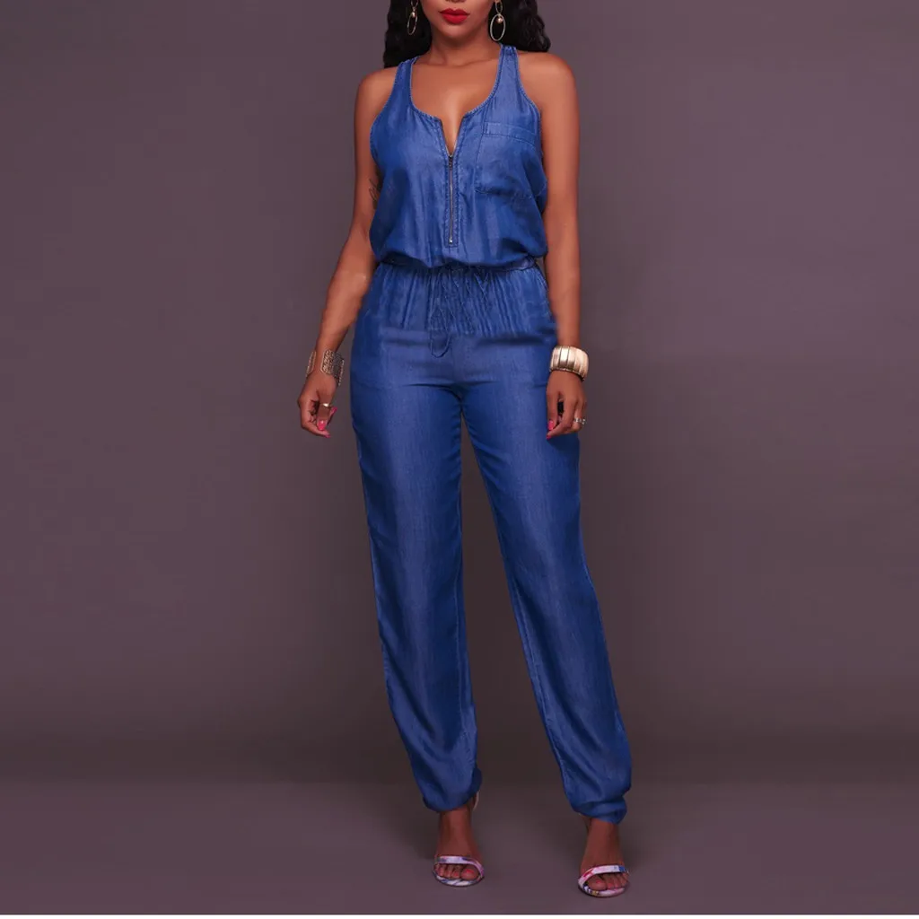 Women Sling Denim Jumpsuit Off Shoulder Denim Jeans Look Long Party