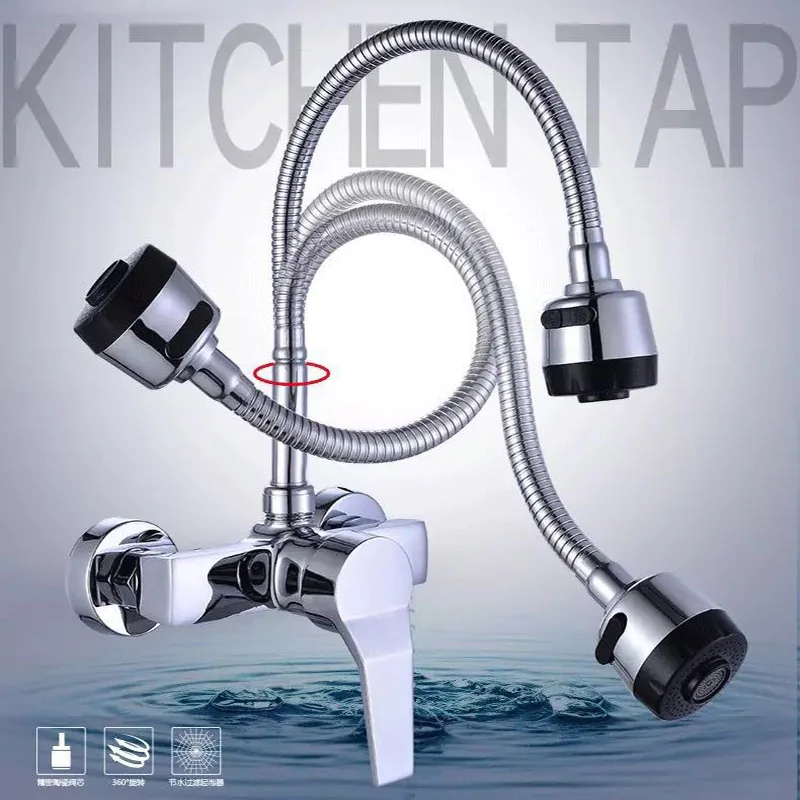  Wall Mounted Stream Sprayer Kitchen Faucet Single Handle Chrome Flexible Hose Kitchen Mixer Taps Du - 33028861512