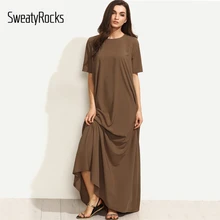 SweatyRocks Лето Повседневное длинные платья для женщин плотная-коричневый экипажа Средства ухода за кожей шеи короткий рукав молния Назад Свободные сдвиг Макси платье