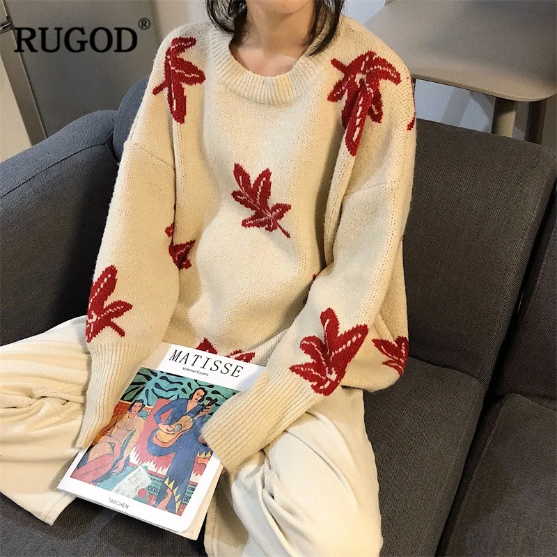 

RUGOD Vintage Fashion Women Pullovers Casual Maple leaf Loose Christmas Sweaters O-Neck Knitted Winter Clothes pull femme hiver
