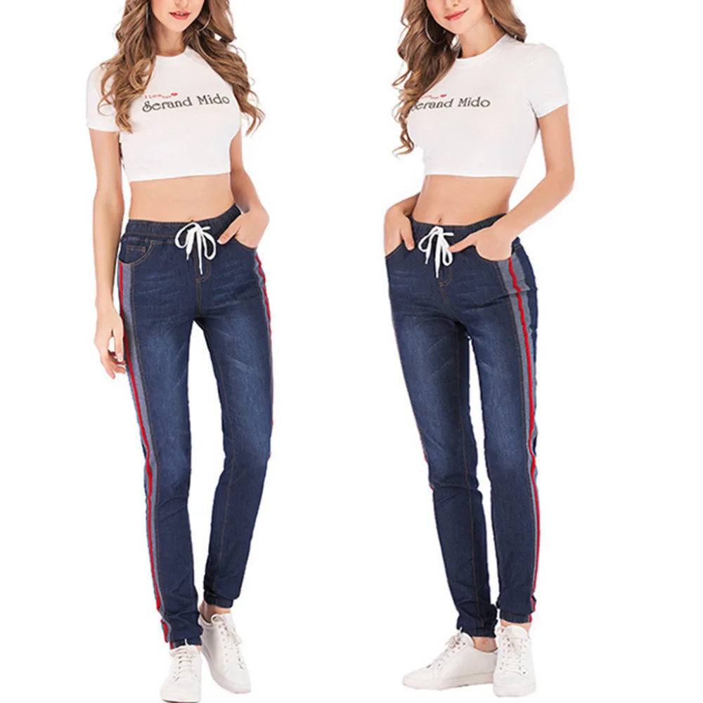 Women Autumn Elastic Plus Loose Denim Casual Drawstring Plus Cropped Jeans