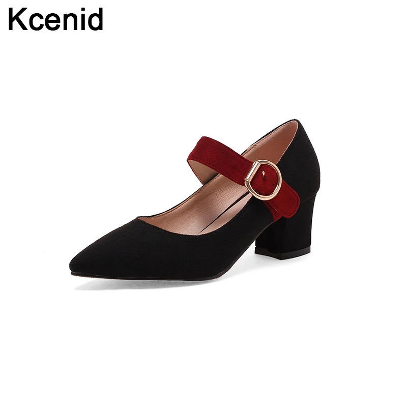 Kcenid Fashion pointed toe buckle strap mary janes high heels black shoes for women thick heels pumps lady shoes big size 33-43