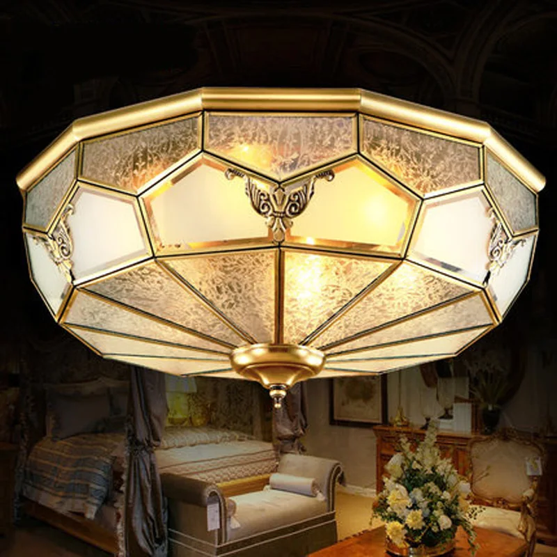 European Copper Ceiling Lights Bedroom Living Room Study Restaurant LED Lamp E27 Glass Cover