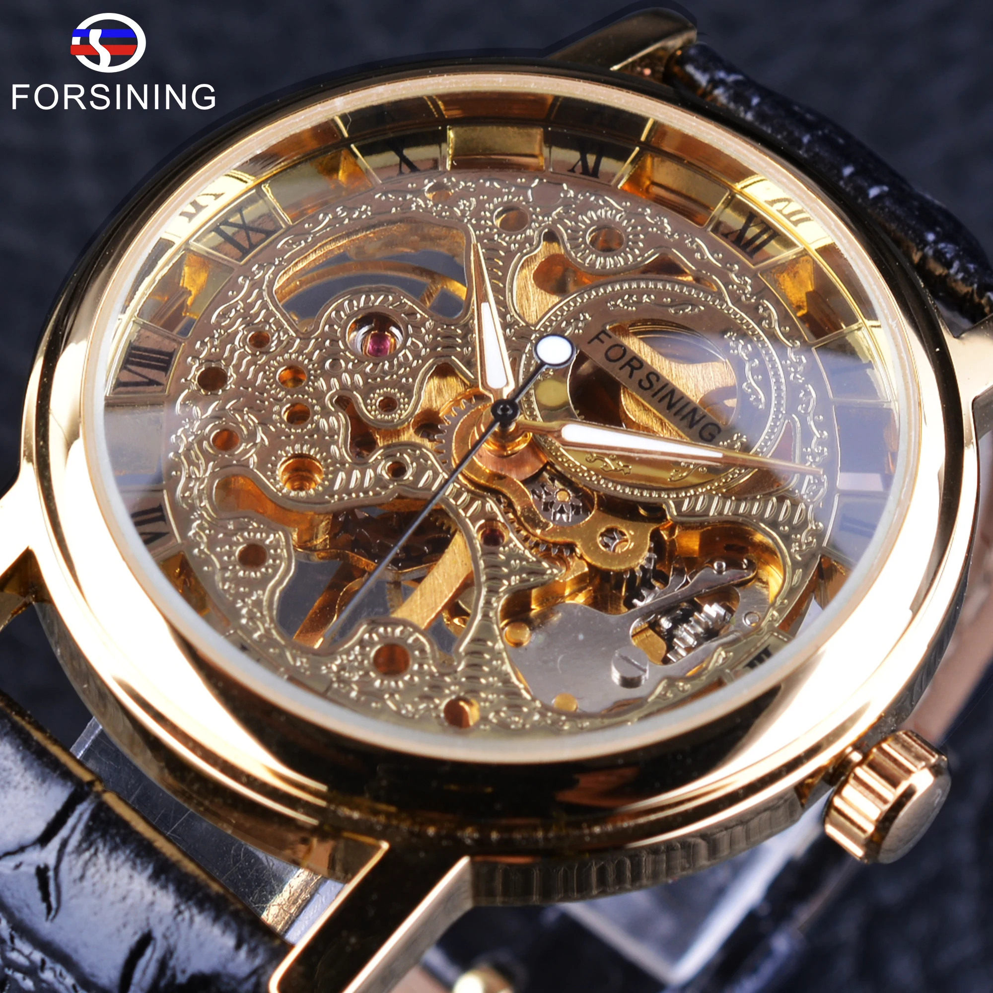

Forsining Men Watches 2017 Luxury Brand Retro Openwork Dial Design Fashion Roman Number Mechanical Wristwatches Black Strap