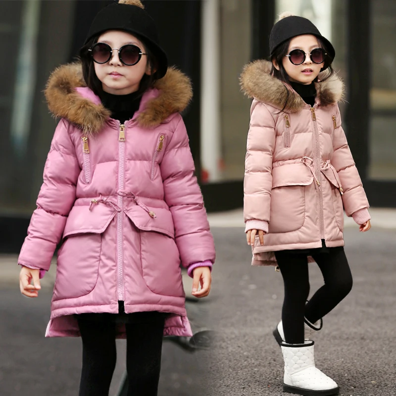 Children with girls cotton coat in the winter long thickening cotton padded jacket pu fur collar