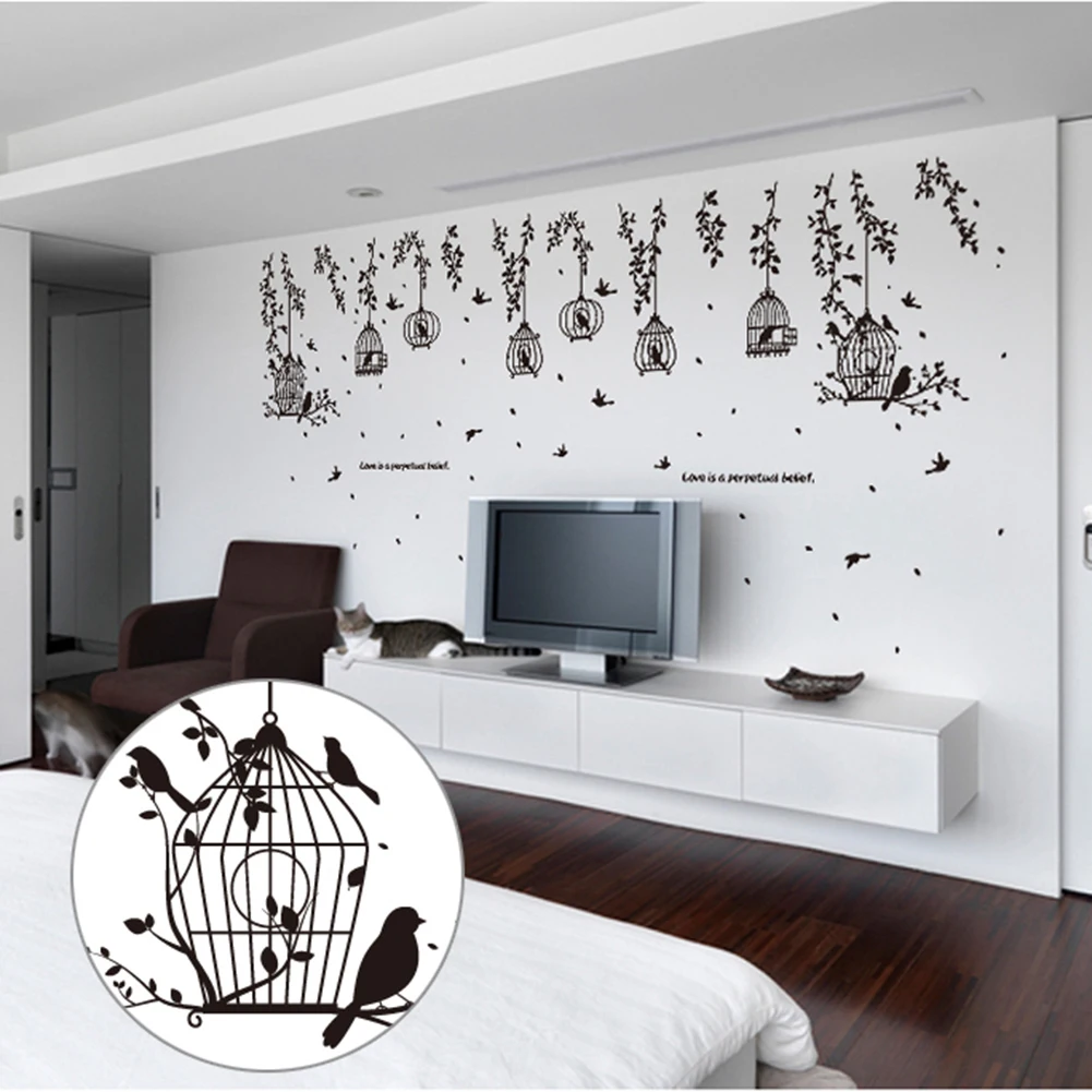 Black Bird Cage and Leaves Silhouette Patterns PVC Wall Stickers TV Background Wall Stickers Decorative Dining Hall Dormitory