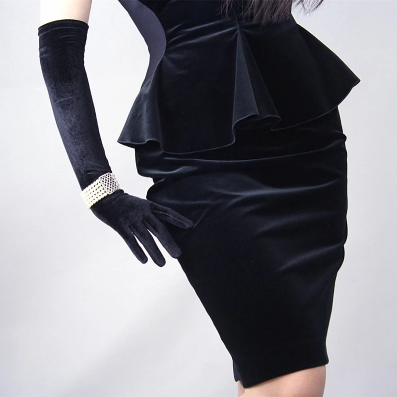 Элегантные эластичные бархатные длинные перчатки женские черные оперные перчатки винтажная Вечеринка вождения эластичные перчатки
