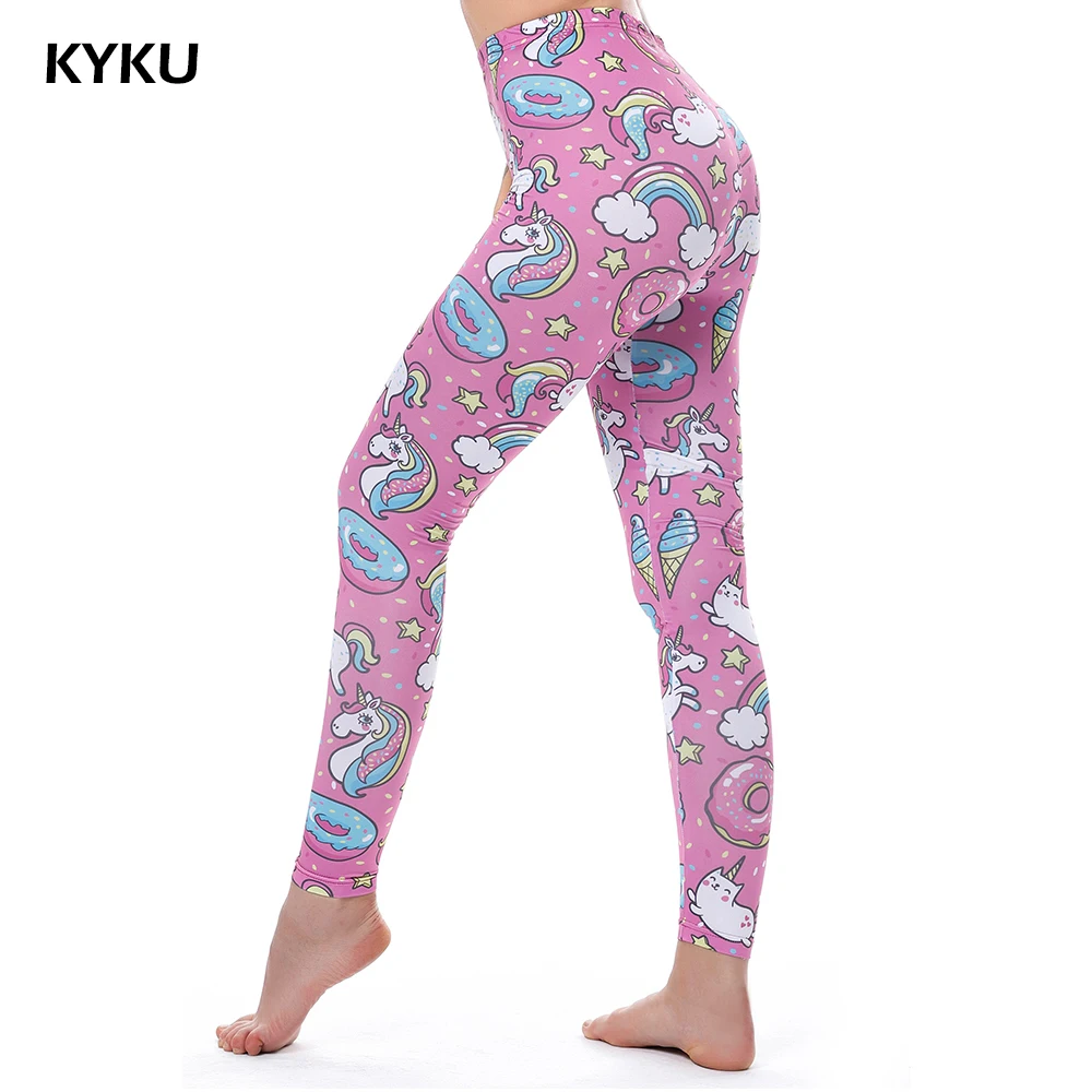 KYKU Brand Unicorn Leggings Women Leggins Fitness Legging Sexy Waist Push Up Shiny 3d Printed Pants Star Cat Donuts