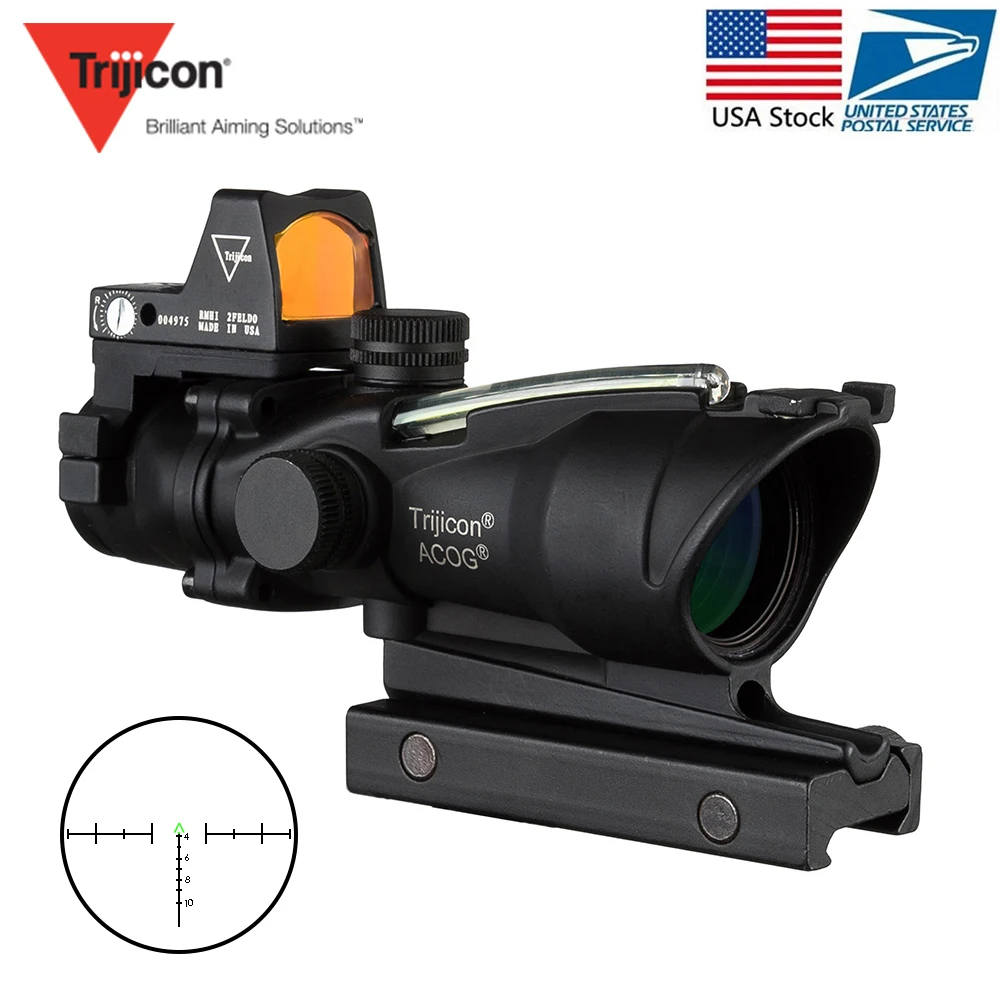 

Trijicon Acog 4x32 Optic Scope Riflescope Red Cahevron Reticle Fiber Green Illuminated Optic Sight With Rmr Mini Red Dot Sight