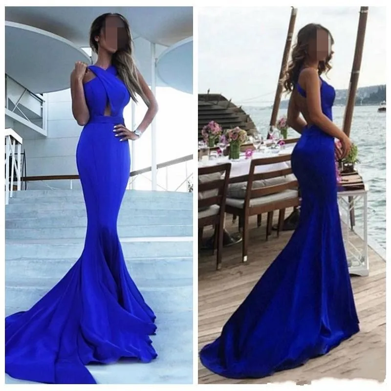 Sexy Backless Mermaid Royal Blue Evening Dresses Long Sweep Train Satin Simple Elegant Evening Gowns Celebrity Women Dinner Wear