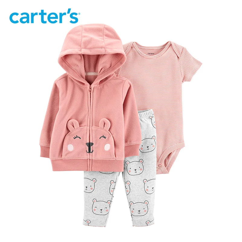 Carters 3Pcs baby girl clothes set pink bear hooded long sleeve jacket cotton bodysuit pants autumn winter baby clothing 121I932