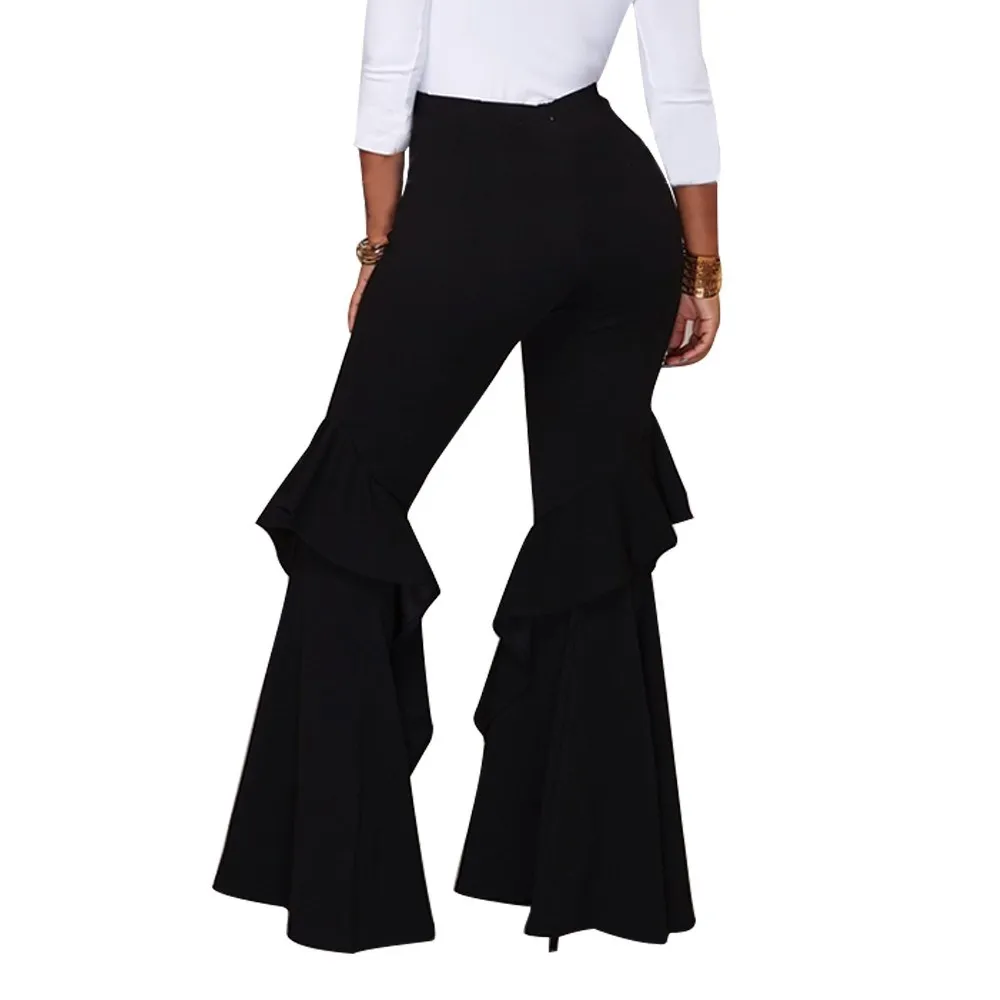 

2018 Sexy Ladies Ruffle Pants Women Solid Flared High-Waisted Trousers Sexy Bell Bottom Flare Pants Streetwear