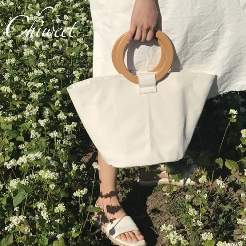 

Designer 2019 Casual Handbags Wood Round Top-Handle Bag Canvas Women Bucket Bag Female Large Tote Bags Brand Retro Shopping Bags