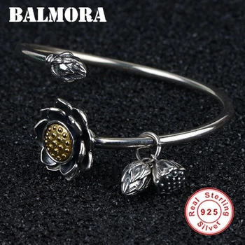 

BALMORA 925 Sterling Silver Lotus Flower Open Bangles for Women Lovers Gift About 17cm Bracelet Vintage Fashion Jewelry SZ0521