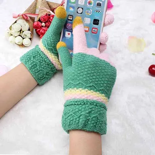 Новые Детские аксессуары, вязаные варежки в стиле пэчворк, Зимние перчатки для женщин и девочек, милые шерстяные перчатки с радугой, теплые перчатки - Цвет: grass green