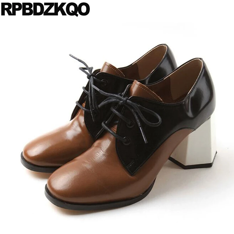 

High Heels Square Toe Autumn Genuine Leather Brown 2017 3 Inch Lace Up Thick Shoes Women Pumps Luxury Size 4 34 New Spring China