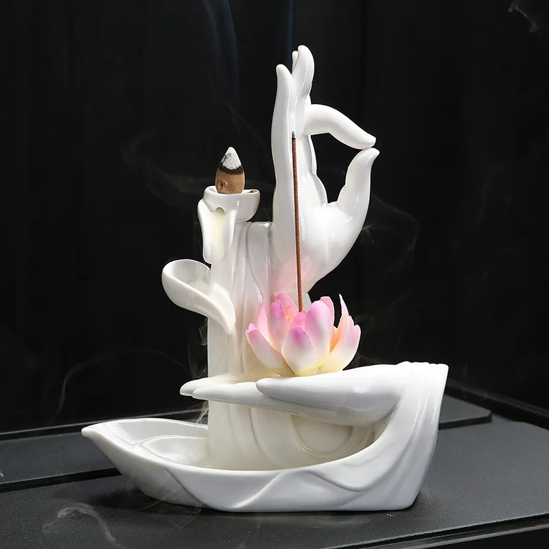 Ceramic Backflow Incense Burner Tathagata Buddha Lotus Incense Cones Stick Holder Smoke Waterfall Creative Home Bouddha Decor