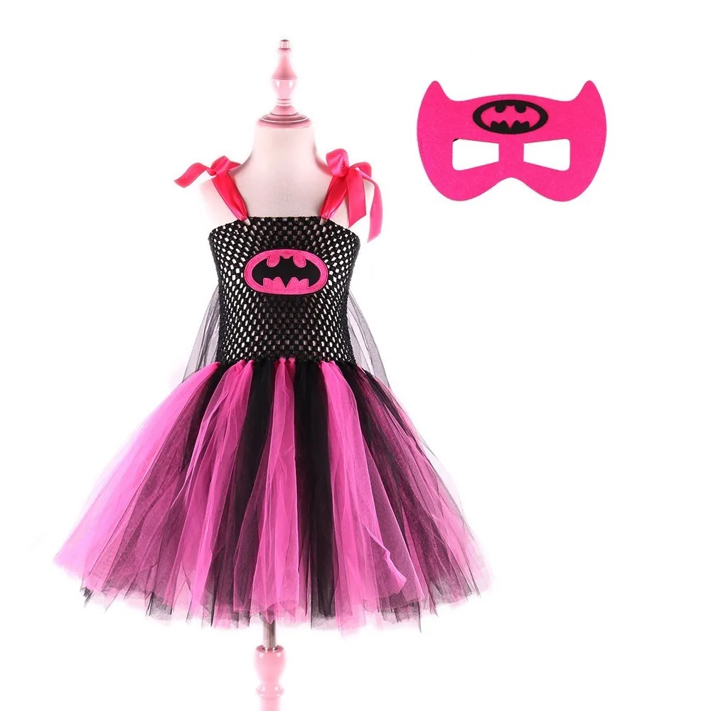 

Hot Pink and Black Super Hero Girls Tutu Dress with Mask Halloween Costume Children Cosplay Superhero Kids Party Dresses Girl