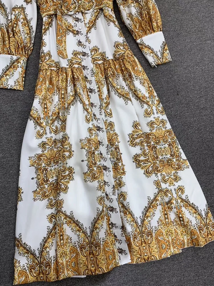 Женское однобортное платье макси Svoryxiu, белое длинное платье с рукавами-фонариками и золотым принтом на лето