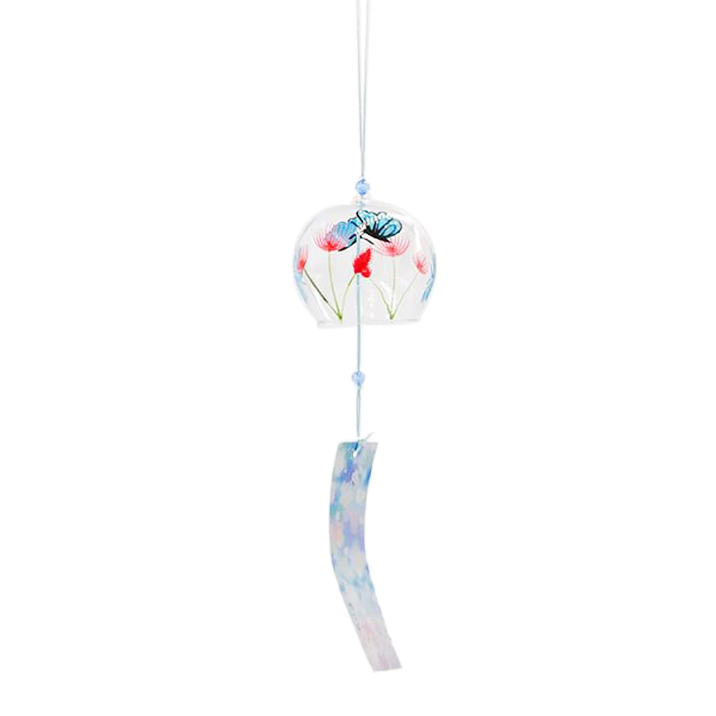Japanese Culuture Glass Bell Furin Wind Chime Hanging Decor Butterfly Flower Pattern Decoration Crafts