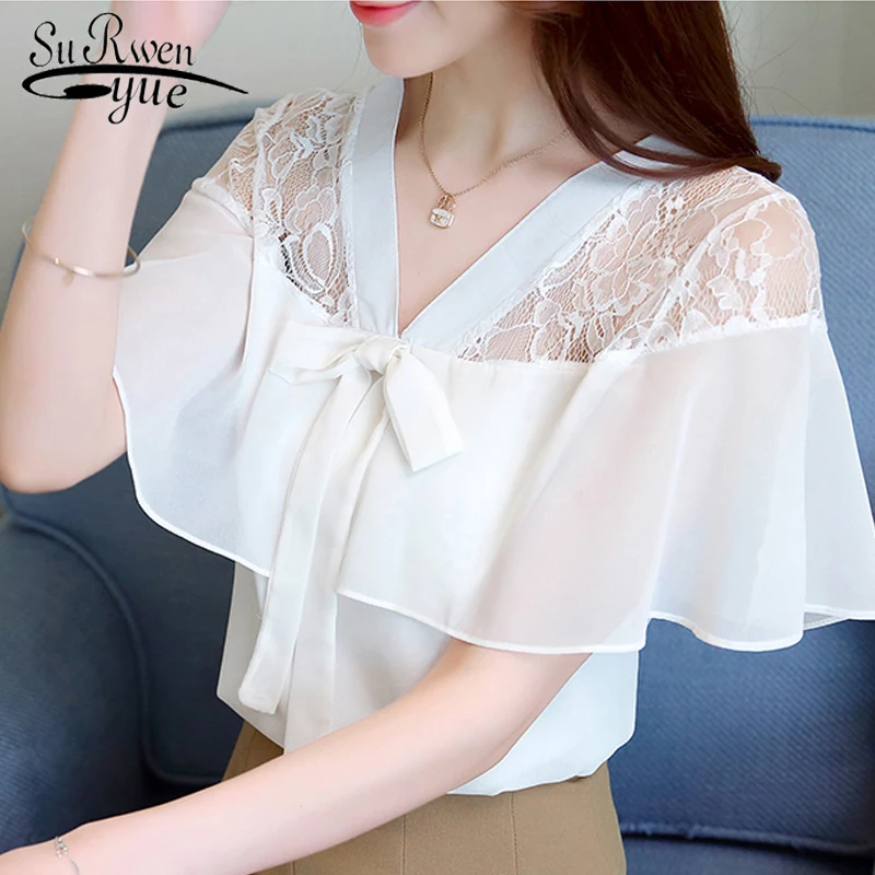 

fashion 2019 women summer tops short sleeve chiffon shirt women women sexy hollow lace blouses women's clothing blusas 0136 30