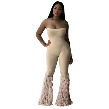 

2019 Women Sexy Slash Neck Strapless Sleeveless Flare Jumpsuit 2019 New High Waist Tassel Rompers Trumpet Party Overalls
