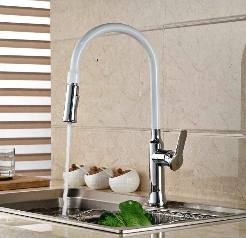 White Painting Solid Brass Kitchen Faucet Swivel Spout Vessel Sink Mixer Tap Deck Mounted One Handle