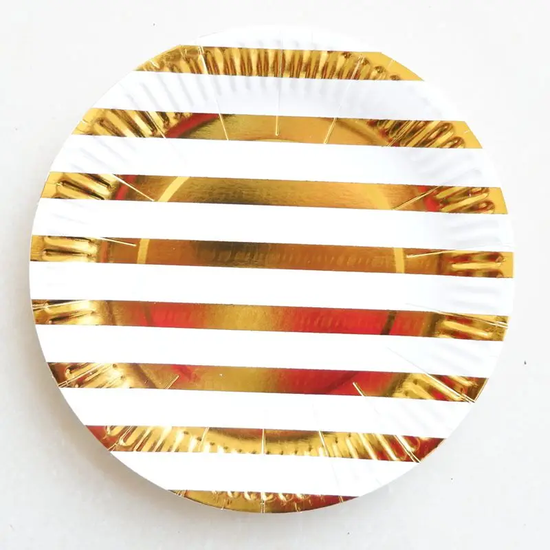 

10Pcs/Set Gold Striped Disposable Tableware Christmas Birthday Party Paper Plates Cups Carnival Party Supplies Plastic Straws