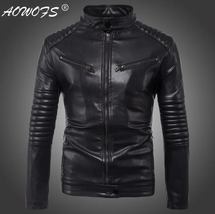 Дропшиппинг кожаная куртка для мужчин осень Slim fit искусственная кожа мотоциклетная кожаная куртка-бомбер пальто большой размер 5XL - Цвет: Black