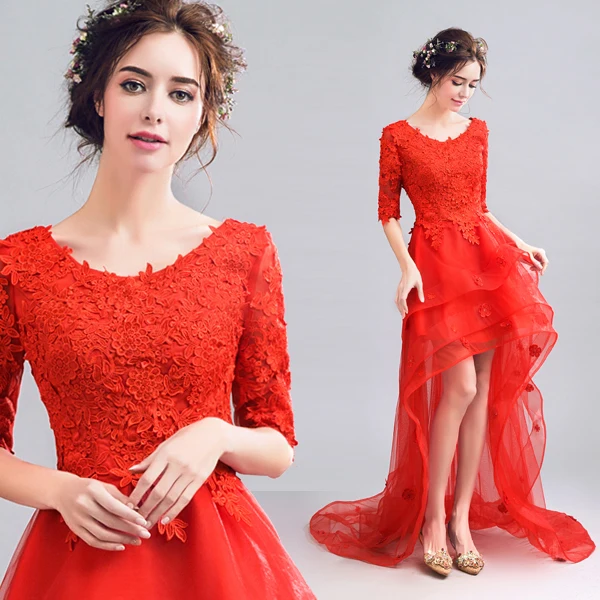 

2017 new arrival stock maternity plus size bridal gown evening dress front short back long red lace engagement social sexy 0227