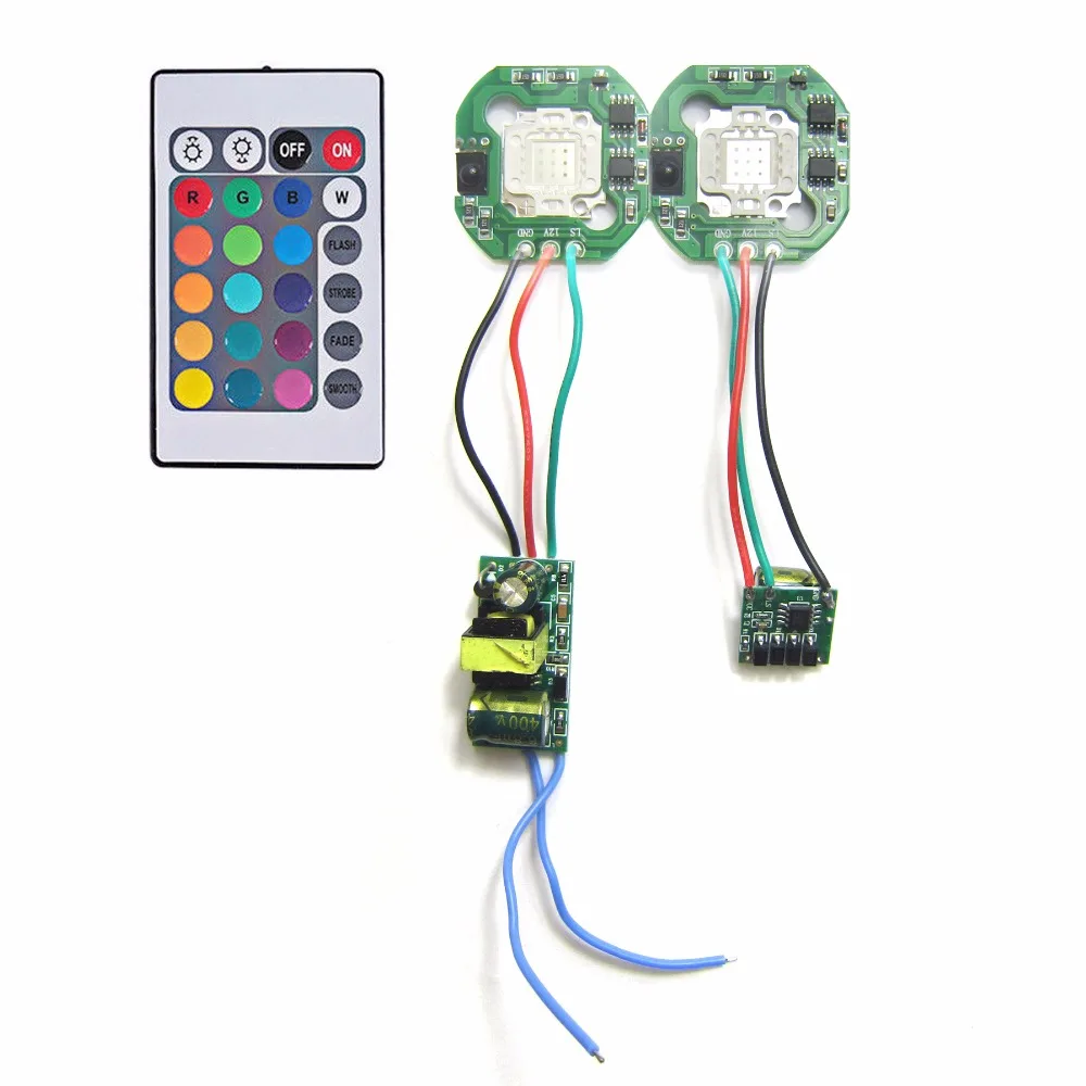 

4-in-1 10W RGB SMD LED light Lamp + Dimmable IR Controller Board + 24 key Remote + AC 110V~220V or DC 12V LED Driver