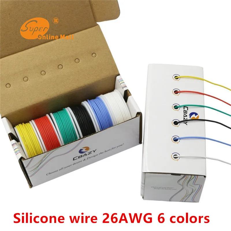 

60m/box 196ft 26AWG 10m 6colors Flexible Silicone Rubber Wire Tinned Copper line 30/0.08TS Outer Diameter 1.5mm 0.14mm square