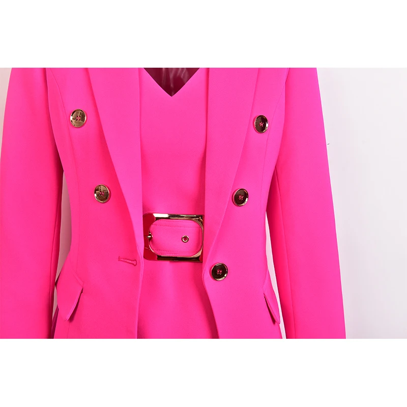 2019 Unique Design Women Elegant 3 Colors Runway Dress Suits Sleeveless Dress Long Blazer with Belt OL Twin Sets High Quality