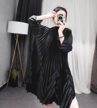 

2019Folded round neck pullover long sleeve temperament European and American models real tie elastic waist dress free shipping