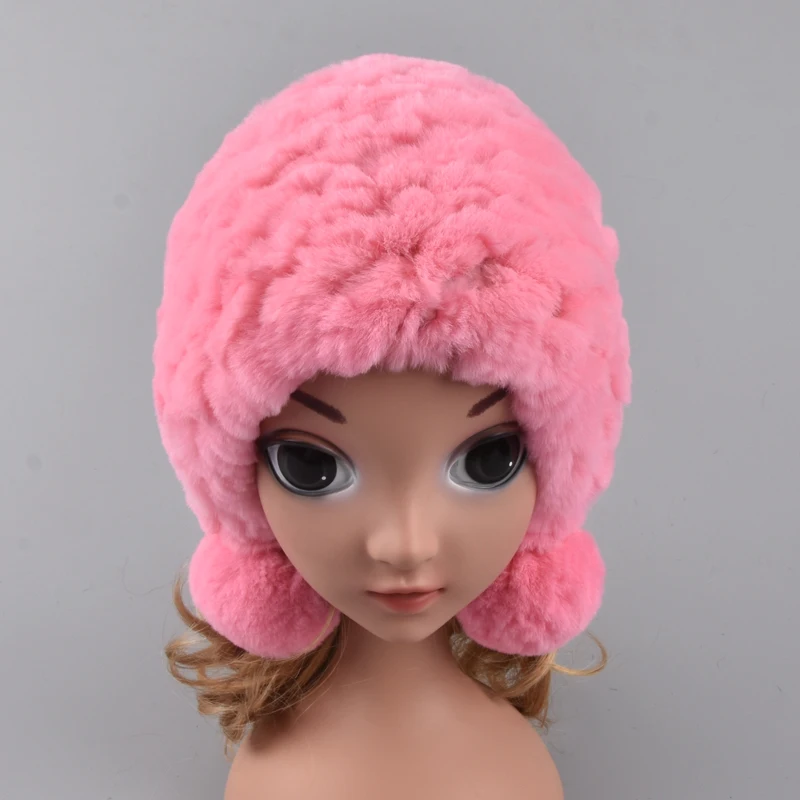 

Winter Fur Hats for Girls Real Fur Rex Rabbit Trapper Hat with balls Kids pompom knitted hat hand knitted beanies Ring scarf