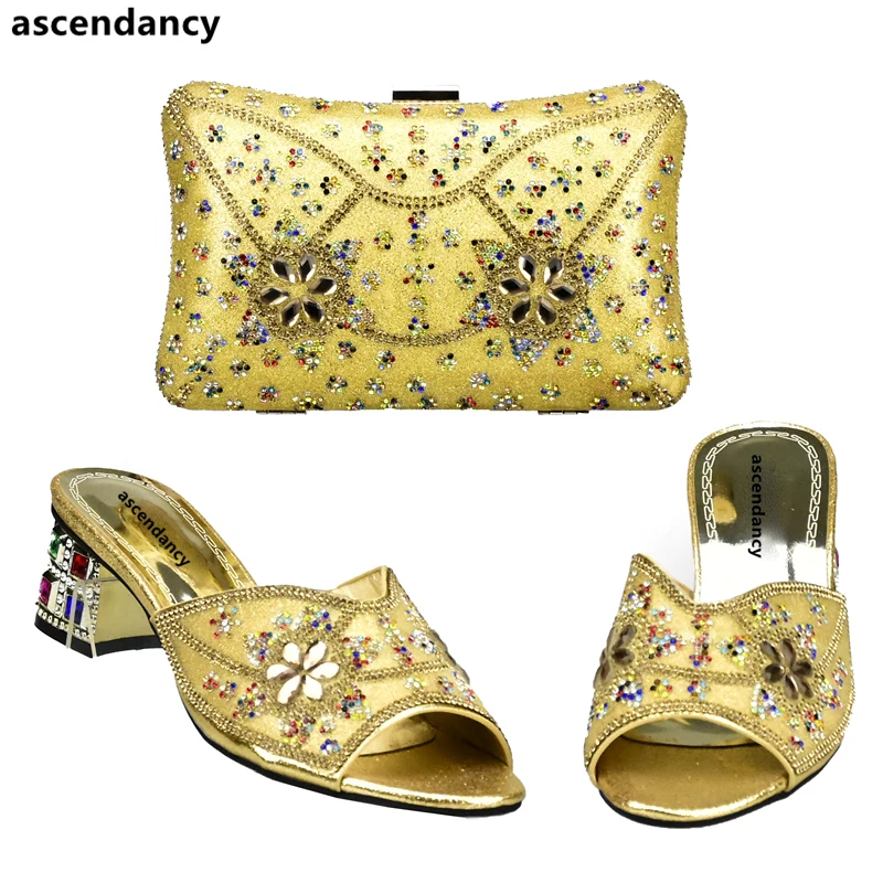 

Gold Color Matching Italian Shoe and Bag Set Decorated with Rhinestone Nigerian Party Shoes and Bag Set High Quality Shoes Bag