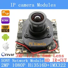 1/2.8 ”SONY Hi3516D + IMX322 Placa do Módulo de Câmera IP ONVIF P2P 1080 P IP Câmera de 3MP 6 MM lente da câmera de segurança de 2MP