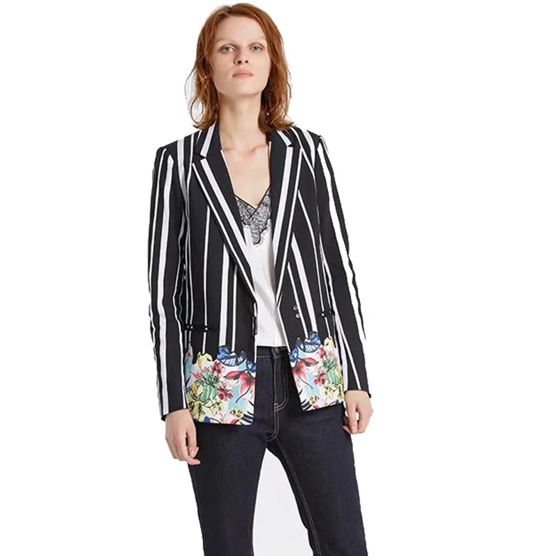 

Striped Flowers Blazer Female 2019 Spring Autumn Panel Long Suit Leisure Suit