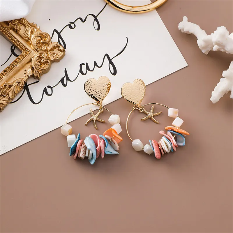 

LUBOV Personality Trendy Starfish Dangle Earrings Gold Color Heart Circle Colorful Acrylic Beads Drop Earrings Women Jewelry