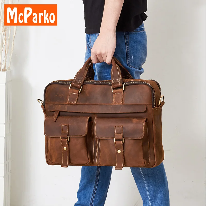 

McParko Vintage travel briefcase genuine leather men Hand bag laptop briefcases office bags for men Business mens bag brown