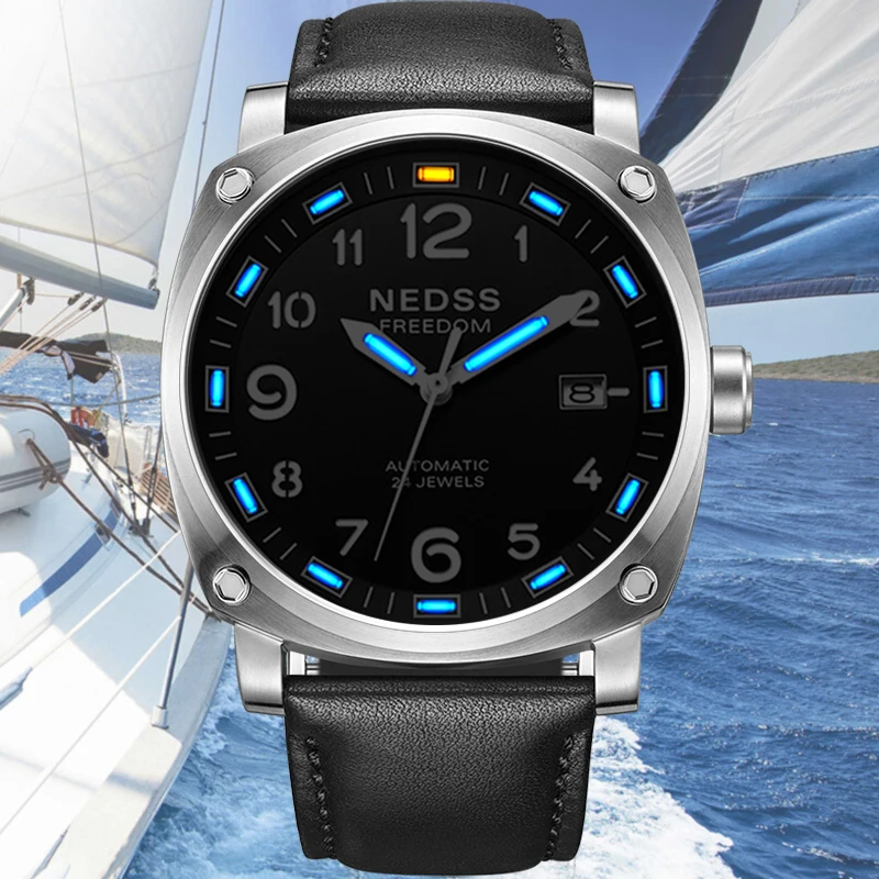 

NEDSS Men Mechanical watches automatic tritium Watch leather strap sapphire male Military watches Luminous Hands 50M waterproof